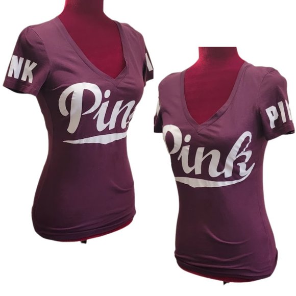 Victoria's Secret PINK - Maroon Logoed Short Sleeve V-Neck Top, SZ: XS - Picture 6 of 13